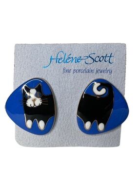 Helène Scott Vintage Porcelain Cat Earrings in Blue and Black